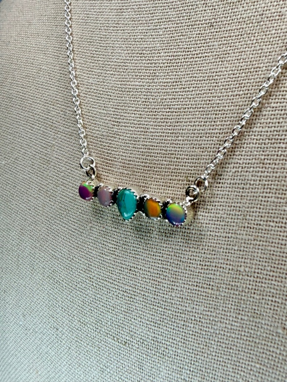 Southwestern Sterling Silver Balloon Opal Bar Pendant Necklace - Picture 3 of 9